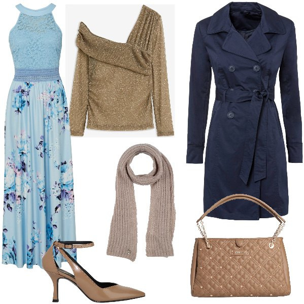 Outfit donna - Total look #2038629. Stile Chic per Ufficio. Abbinamento con trench, vestiti lunghi, maglieria, borse a mano, sciarpe, décolleté.