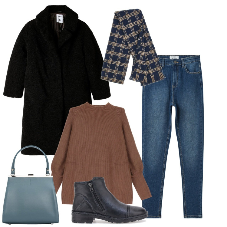 Outfit donna - Cappotti avvolgenti e maxi sciarpe - Foc. Stile Casual chic per Tutti i giorni. Abbinamento con cappotti, jeans skinny, maglieria, clutch, stivaletti, sciarpe.