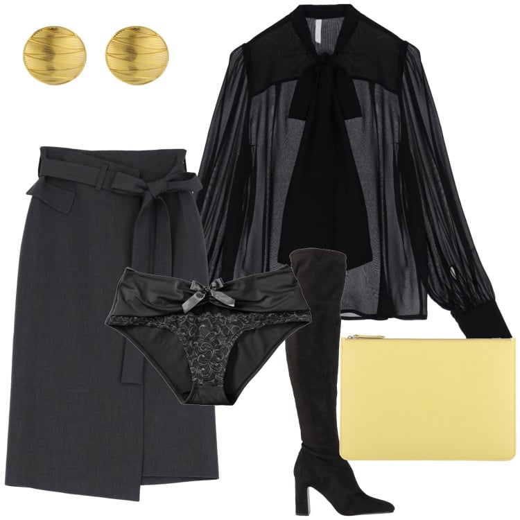 Outfit donna - W i fiocchi. Stile Glamour per Serata fuori. Abbinamento con stivali sopra il ginocchio, pochette, slip, gonne longuette, camicie, orecchini.