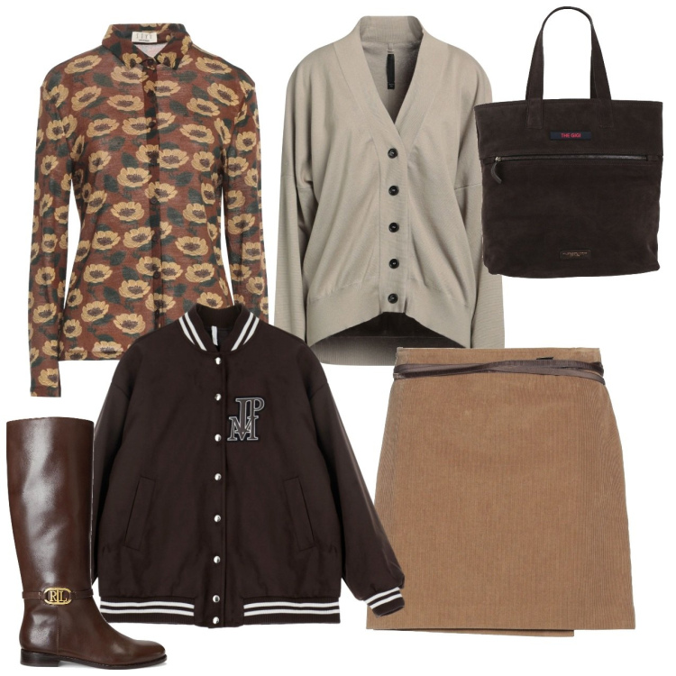 Outfit donna - Fantasie in marrone. Stile Chic per Tutti i giorni. Abbinamento con minigonne, cardigans, stivali, borse a mano, camicie, bomber.