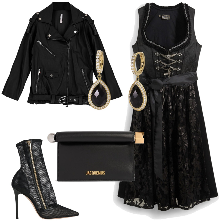 Outfit donna - Rock chic. Stile Glamour per Serata fuori. Abbinamento con stivaletti, vestiti, orecchini, blazer, pochette.