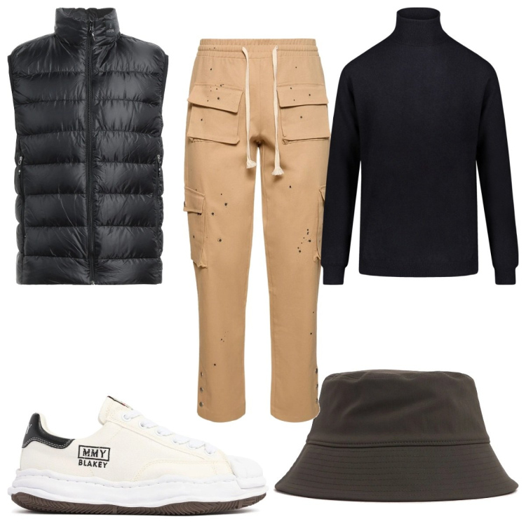 Outfit uomo - Total look #2038666. Stile Trendy per Tutti i giorni. Abbinamento con piumini, maglieria, cappelli, sneakers, pantaloni cargo.