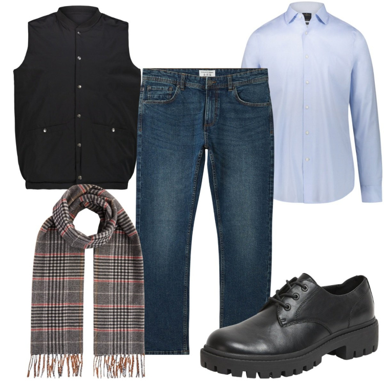 Outfit uomo - Total look #2038667. Stile Casual per Tutti i giorni. Abbinamento con jeans, scarpe stringate, camicie, gilet, sciarpe.