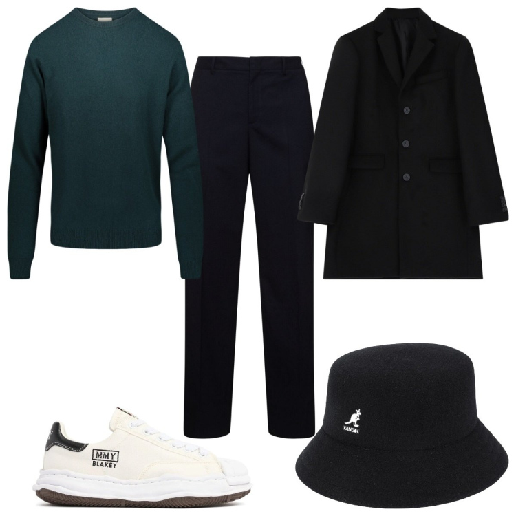 Outfit uomo - Total look #2038676. Stile Casual per Tutti i giorni. Abbinamento con cappelli, cappotti, maglieria, sneakers, pantaloni.