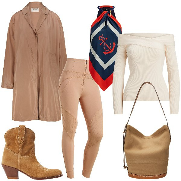 Outfit donna - A spalle scoperte. Stile Urban per Ufficio. Abbinamento con pantaloni skinny, stivaletti, borse a mano, top, maglieria, trench.