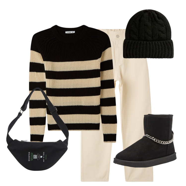 Outfit donna - Maglione a righe. Stile Casual per Tutti i giorni. Abbinamento con marsupi, maglieria, stivaletti, berretti, pantaloni.