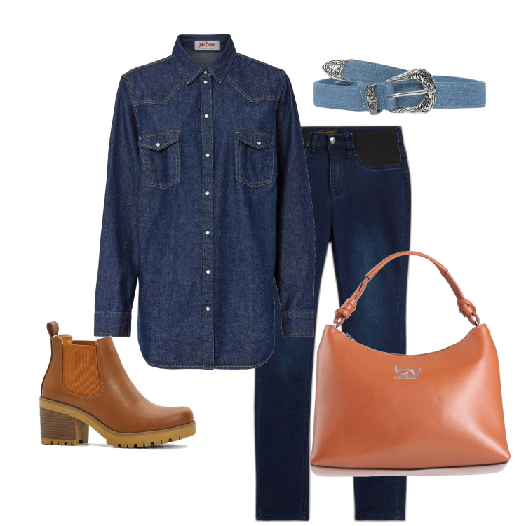 Outfit donna - Total jeans. Stile Trendy per Tutti i giorni. Abbinamento con jeans skinny, stivaletti chelsea, camicie, borse a mano, cinture.