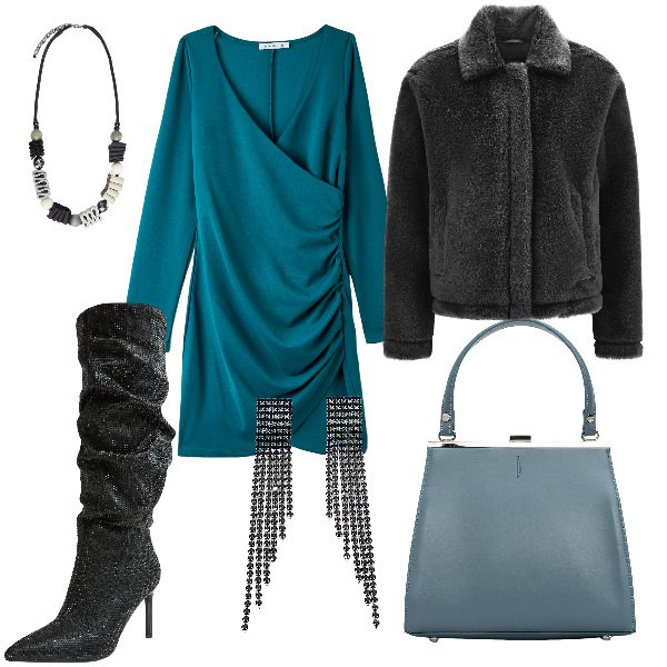 Outfit donna - Urban per la sera. Stile Urban per Serata fuori. Abbinamento con vestiti corti, stivali, cappotti, orecchini, clutch, collane.