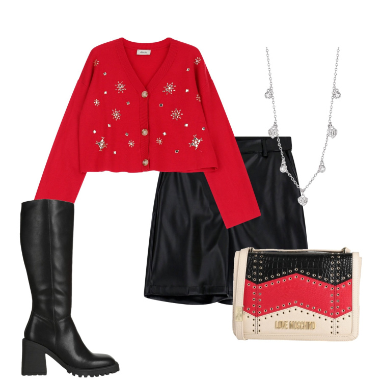 Outfit donna - Pantaloni corti in pelle. Stile Glamour per Serata fuori. Abbinamento con stivali, borse a tracolla, collane, shorts, cardigans.