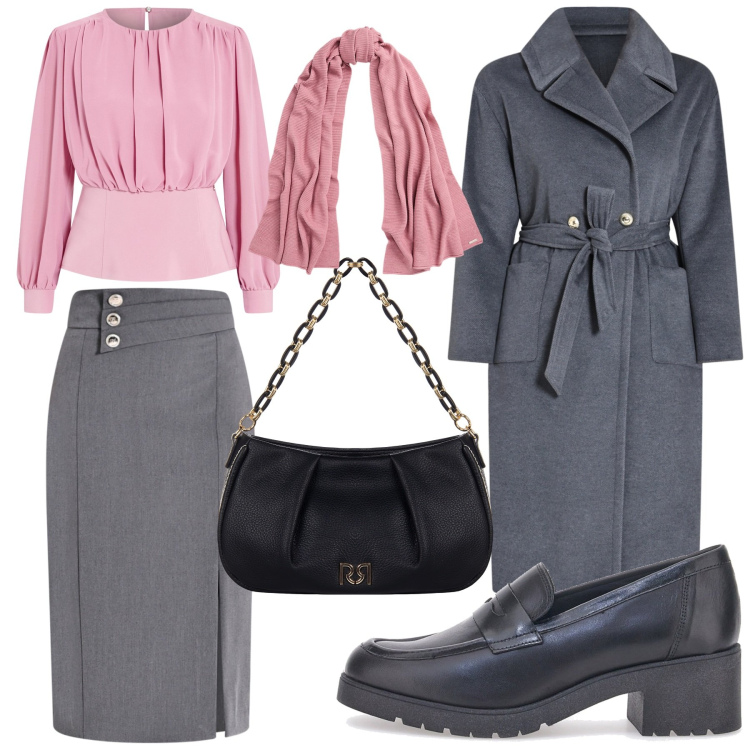 Outfit donna - Total look #2038715. Stile Glamour per Ufficio. Abbinamento con bluse, gonne longuette, cappotti, borse a tracolla, sciarpe, mocassini.