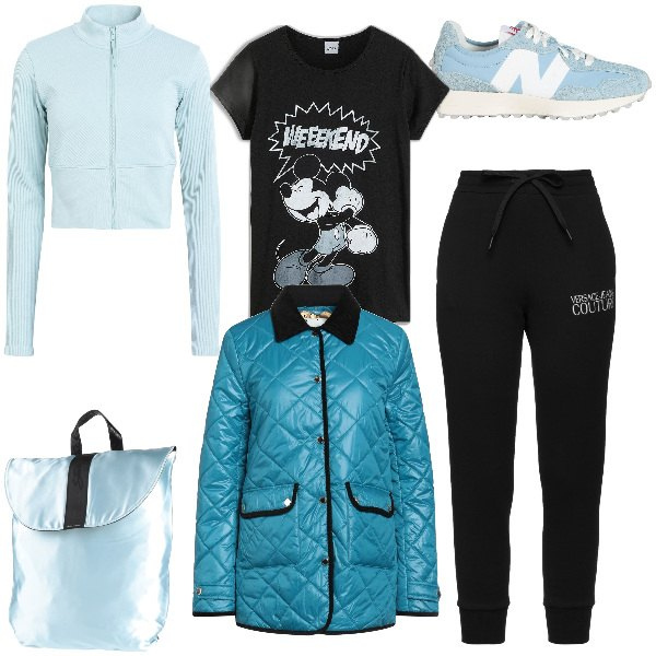 Outfit donna - Tenersi in forma dopo le feste. Stile Sporty chic per Sport. Abbinamento con t-shirt, sneakers, felpe, blazer, zaini, pantaloni.