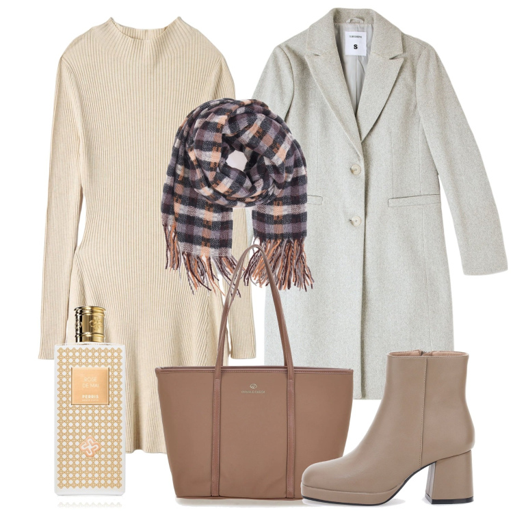 Outfit donna - Cappotti avvolgenti e maxi sciarpe - Foc. Stile Chic per Tutti i giorni. Abbinamento con profumi, vestiti midi/longuette, cappotti, sciarpe, stivaletti, borse a spalla.