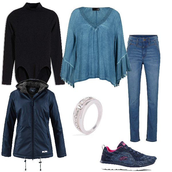 Outfit donna - Mezza stagione fredda. Stile Casual chic per Ufficio. Abbinamento con piumini, anelli, body, maglieria, sneakers, jeans skinny.