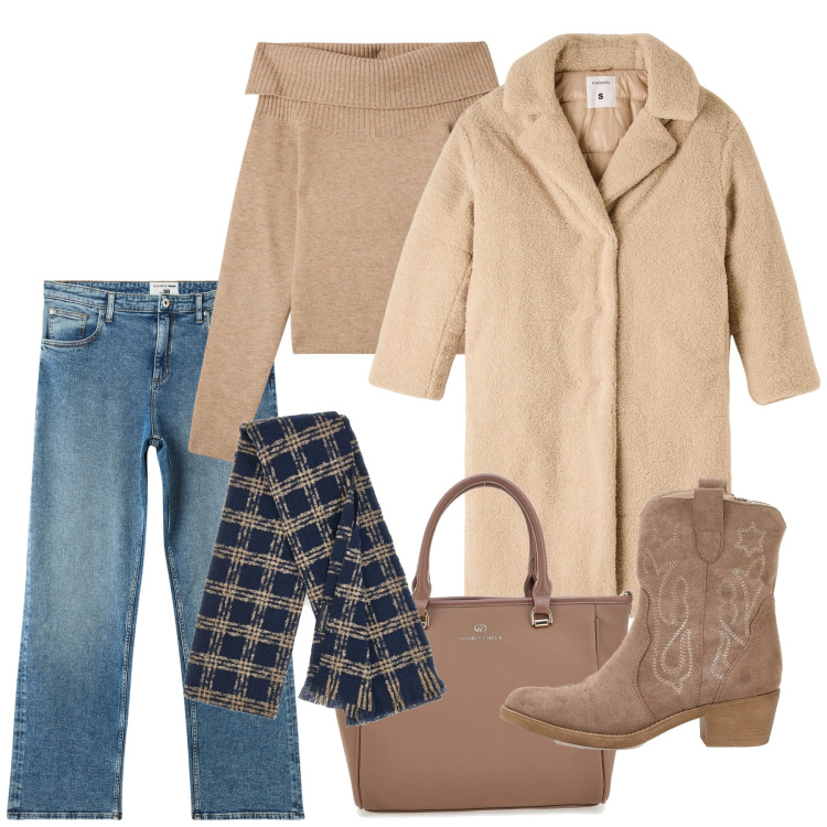 Outfit donna - Cappotti avvolgenti e maxi sciarpe - Foc. Stile Casual per Tutti i giorni. Abbinamento con cappotti, jeans dritti, maglieria, stivaletti, sciarpe, borse a tracolla.