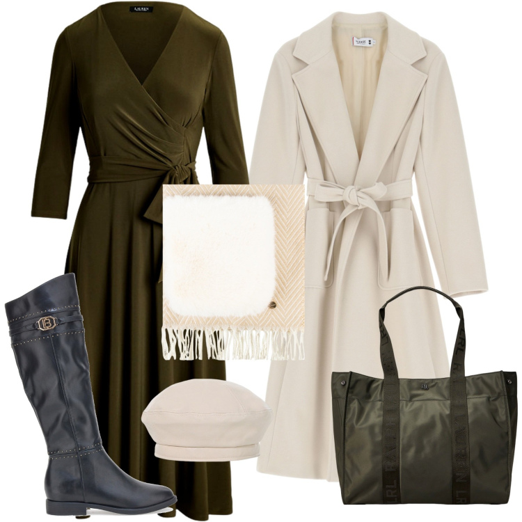 Outfit donna - Cappotti avvolgenti e maxi sciarpe - Foc. Stile Chic per Ufficio. Abbinamento con cappotti, sciarpe, cappelli e berretti, vestiti, borse tote, stivali sopra il ginocchio.