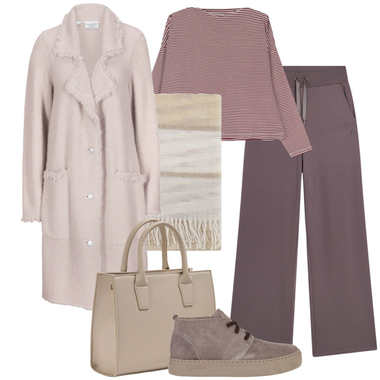 Outfit donna - Basico comfy. Stile Basic per Tutti i giorni. Abbinamento con cardigans, stivaletti, shopping bag, foulard, pantaloni, maglieria.