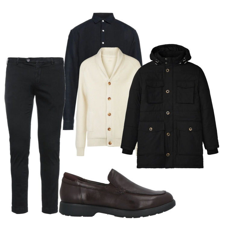 Outfit uomo - Total look #2038744. Stile Business/Elegante per Ufficio. Abbinamento con parka, scarpe stringate, camicie, pantaloni, cardigans.