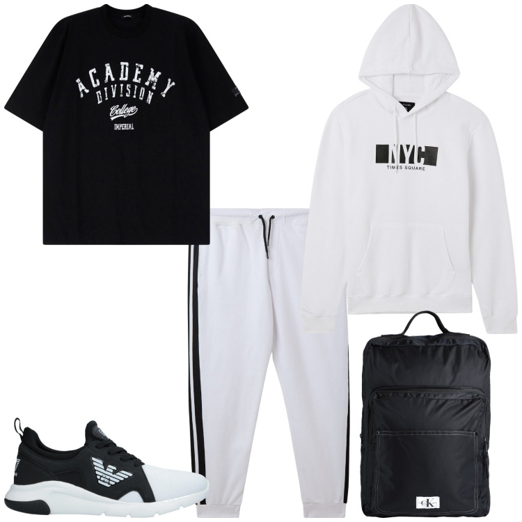 Outfit uomo - Total look #2038752. Stile Casual per Sport. Abbinamento con sneakers, borse sportive, pantaloni, felpe con cappuccio, t-shirt.