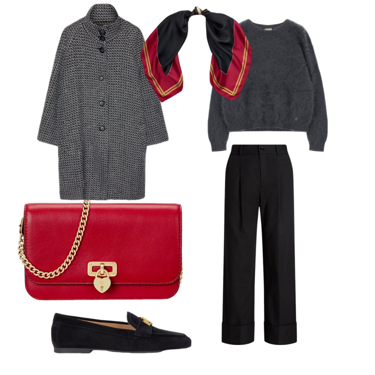 Outfit donna - Elegante in ufficio. per Ufficio. Abbinamento con pullovers, mocassini, pantaloni, foulard, portafogli, cappotti.