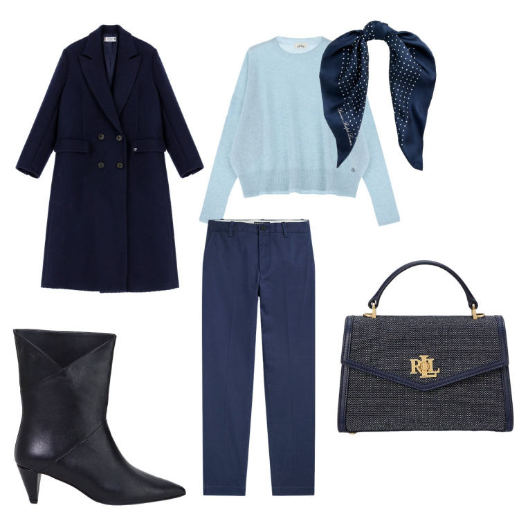 Outfit donna - In città. per Tutti i giorni. Abbinamento con cappotti, pullovers, stivaletti, pantaloni chino, foulard, borse a mano.