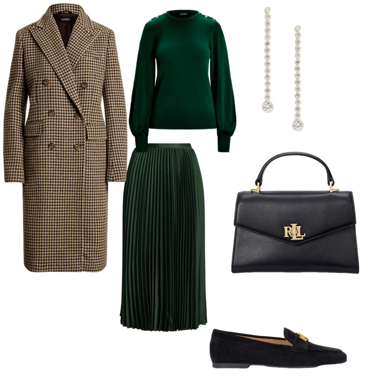 Outfit donna - Da mattina a sera. per Tutti i giorni. Abbinamento con mocassini, borse a mano, orecchini, gonne, maglieria, cappotti.