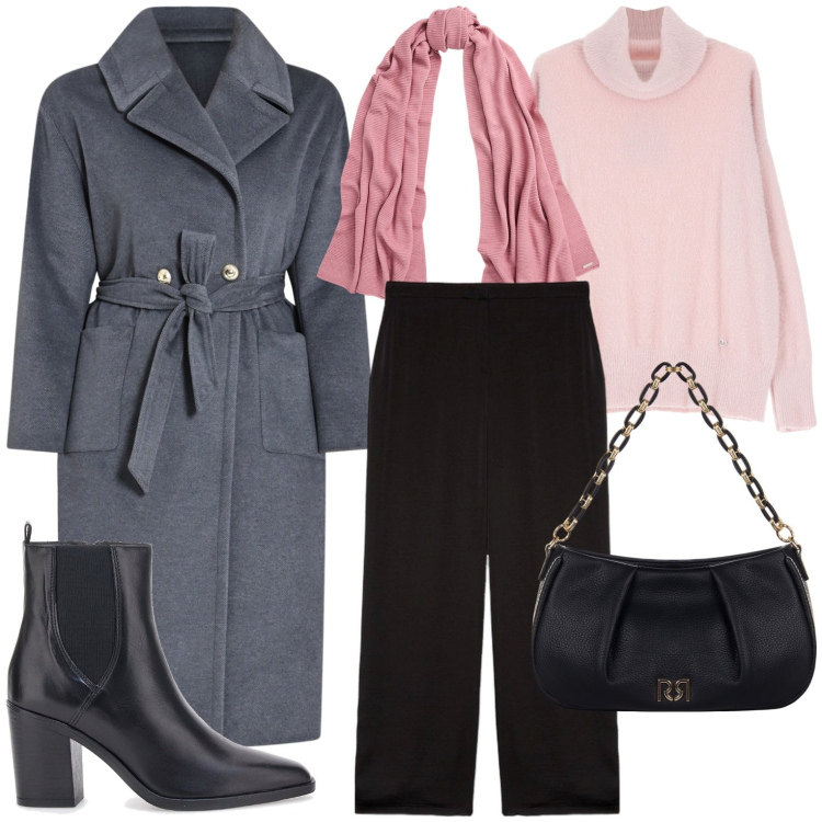 Outfit donna - Cappotto maxi. Stile Chic per Tutti i giorni. Abbinamento con maglieria, cappotti, borse a tracolla, sciarpe, stivaletti, pantaloni a palazzo.