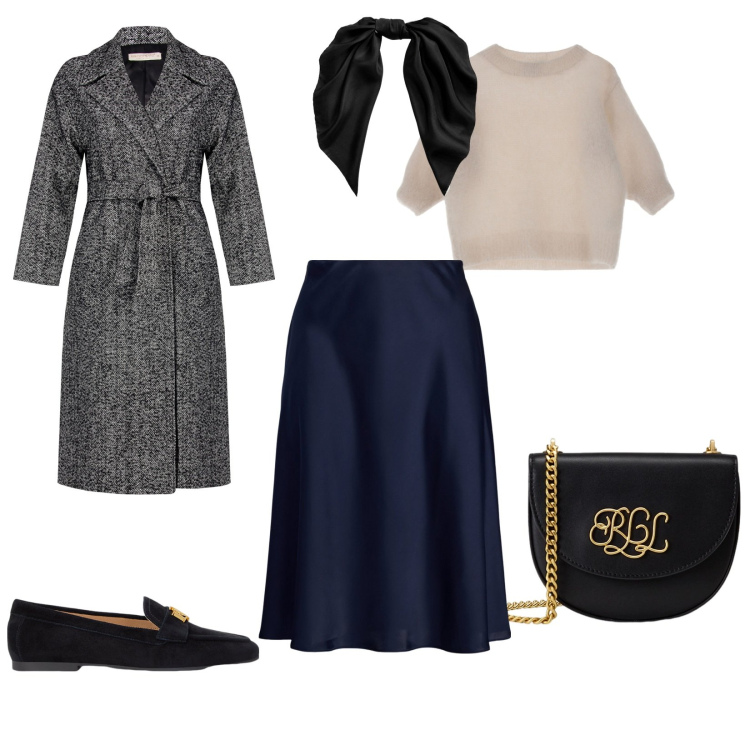 Outfit donna - Da mattina a sera. per Tutti i giorni. Abbinamento con cappotti, mocassini, gonne, borse a tracolla, foulard, maglieria.