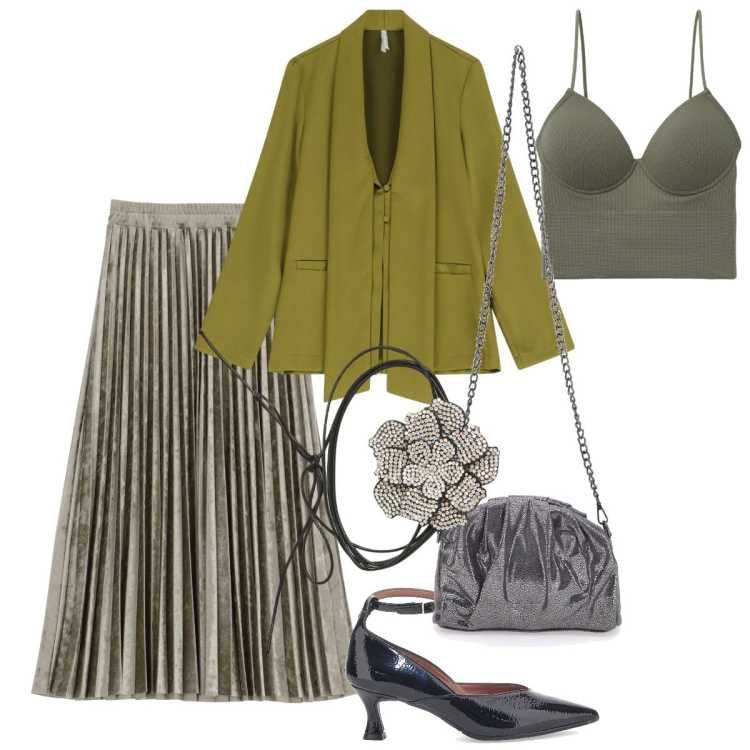 Outfit donna - La gonna midi a pieghe. Stile Glamour per Cerimonia. Abbinamento con top, collane, blazer, gonne longuette, décolleté, pochette.