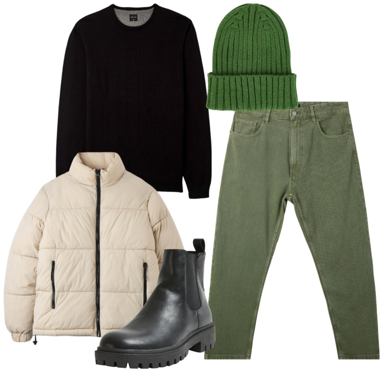 Outfit uomo - Verde con il nero. Stile Casual per Tutti i giorni. Abbinamento con piumini, maglieria, pantaloni, stivali e stivaletti, berretti.