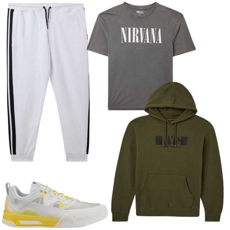 Outfit uomo - Palestra a gennaio. Stile Urban per Sport. Abbinamento con pantaloni, t-shirt, felpe con cappuccio, sneakers.
