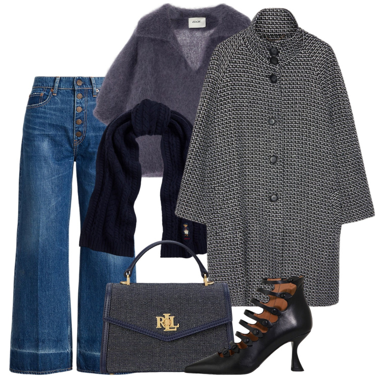 Outfit donna - Cappotti avvolgenti e maxi sciarpe - Foc. Stile Casual chic per Tutti i giorni. Abbinamento con maglieria, stivaletti, sciarpe, jeans, borse a mano, cappotti.