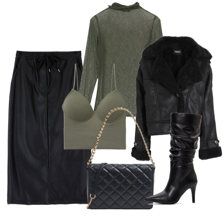 Outfit donna - Serata. Stile Chic per Serata fuori. Abbinamento con stivali, blazer, top, borse a tracolla, gonne longuette, maglieria.