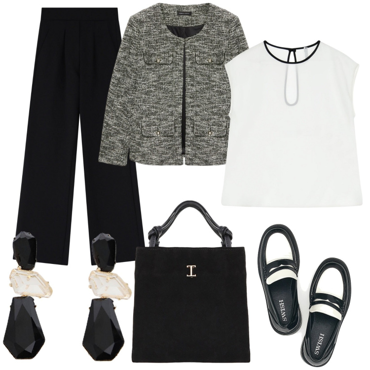 Outfit donna - Nuovo anno nuovo stile. Stile Casual chic per Ufficio. Abbinamento con pantaloni, top, shopping bag, orecchini, mocassini, blazer.