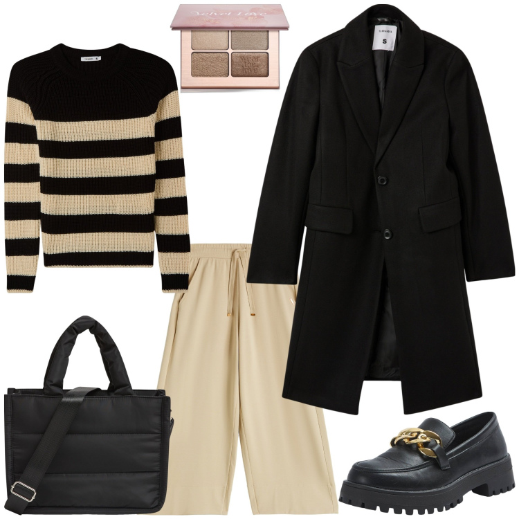 Outfit donna - Urban escape. Stile Basic per Tutti i giorni. Abbinamento con ombretti, mocassini, maglieria, cappotti, shopping bag, pantaloni culotte.