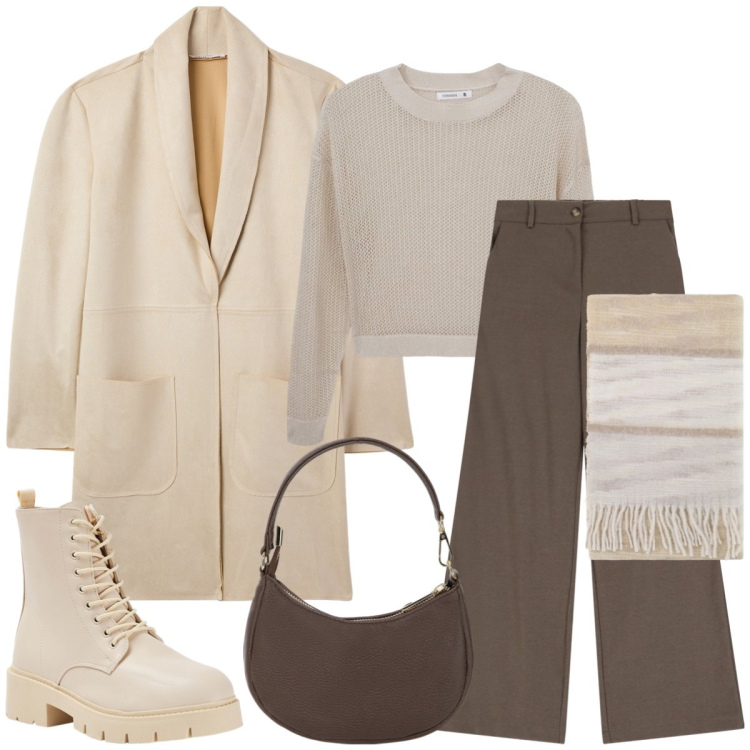 Outfit donna - Total look #2038803. Stile Casual chic per Tutti i giorni. Abbinamento con maglieria, trench, anfibi, foulard, borse a spalla, pantaloni a palazzo.