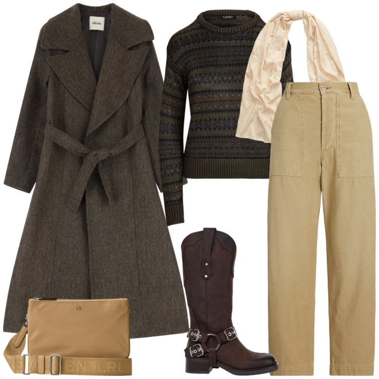 Outfit donna - Total look #2038809. Stile Casual per Tutti i giorni. Abbinamento con borse a tracolla, pantaloni, sciarpe, maglieria, cappotti, stivali.