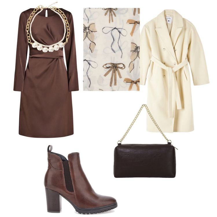 Outfit donna - C\'è freddo. per Tutti i giorni. Abbinamento con cappotti, vestiti midi/longuette, sciarpe, collane, borse a tracolla, stivaletti.