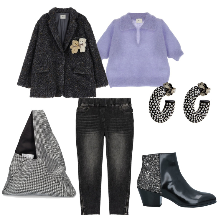 Outfit donna - Aperitivo. per Serata fuori. Abbinamento con stivaletti, orecchini, jeggings, maglieria, blazer, borse a spalla.