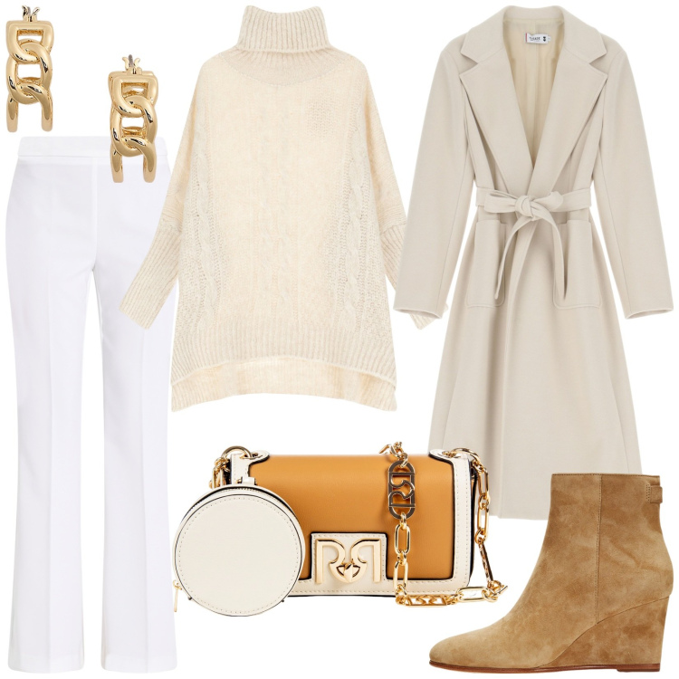 Outfit donna - Eleganza invernale. Stile Casual chic per Ufficio. Abbinamento con pantaloni, pochette, maglieria, cappotti, stivaletti, orecchini.