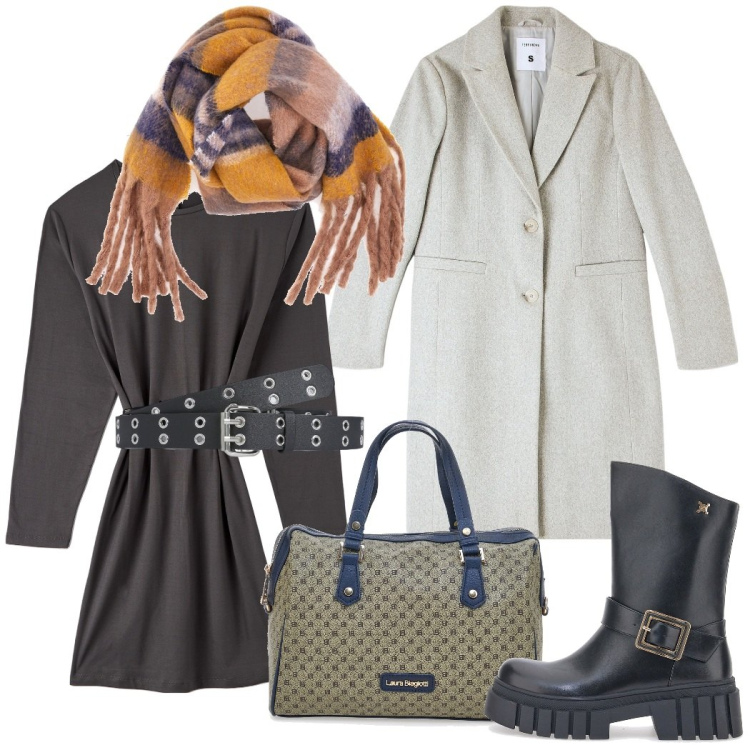 Outfit donna - La sciarpa maxi. Stile Casual chic per Ufficio. Abbinamento con vestiti midi/longuette, cappotti, cinture, borse a spalla, stivaletti, sciarpe.