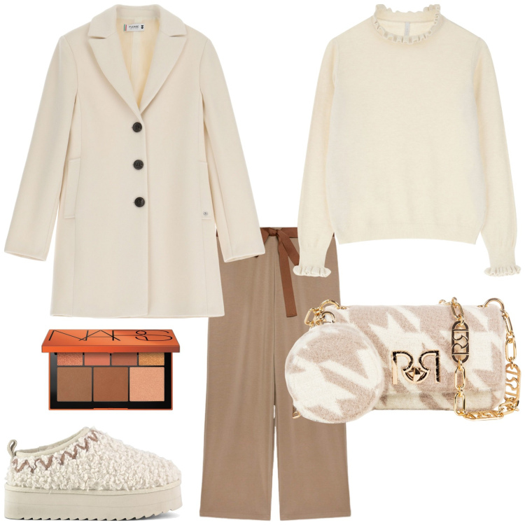 Outfit donna - A passeggio con le amiche. Stile Trendy per Tutti i giorni. Abbinamento con terre, borse a tracolla, cappotti, maglieria, sabot, pantaloni.