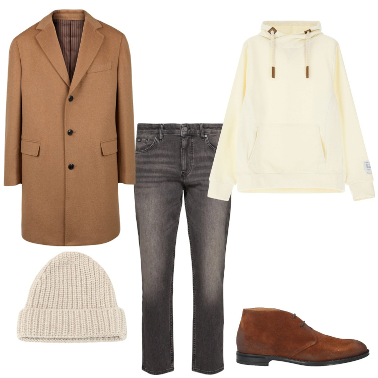 Outfit uomo - Felpa e cappotto. Stile Casual per Tutti i giorni. Abbinamento con stivali e stivaletti, berretti, felpe con cappuccio, cappotti, jeans.