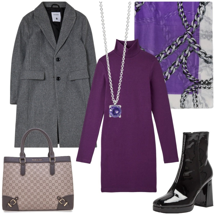 Outfit donna - Viola e grigio in ufficio. Stile Bon Ton per Ufficio. Abbinamento con vestiti midi/longuette, stivaletti, cappotti, collane, borse a tracolla, sciarpe.