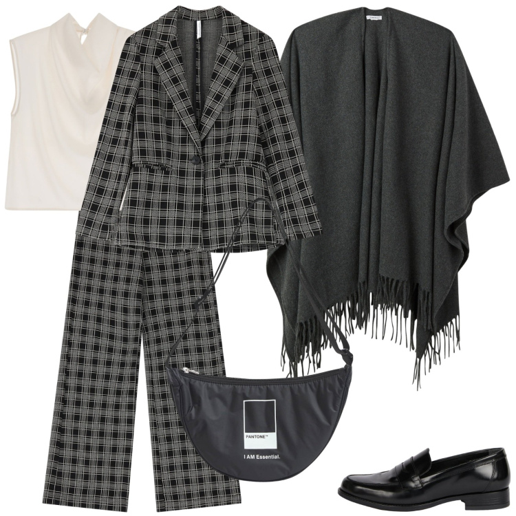 Outfit donna - Grigio City. Stile Mannish per Tutti i giorni. Abbinamento con marsupi, cappe, pantaloni a palazzo, top, blazer, mocassini.