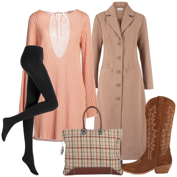 Outfit donna - Pesca. Stile Chic per Ufficio. Abbinamento con collant, cappotti, borse a mano, vestiti corti, stivali.