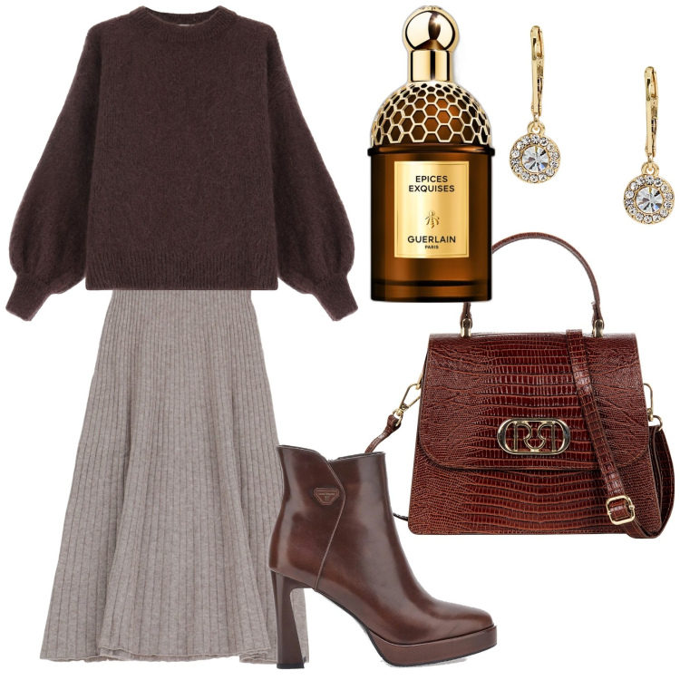 Outfit donna - Gonna midi per il giorno. Stile Casual chic per Ufficio. Abbinamento con profumi, borse a mano, gonne longuette, maglieria, orecchini, stivaletti.