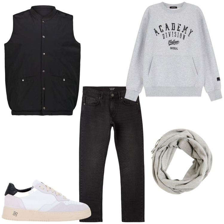 Outfit uomo - Total look #2038836. Stile Casual per Tutti i giorni. Abbinamento con sciarpe, jeans dritti, sneakers, felpe, gilet.