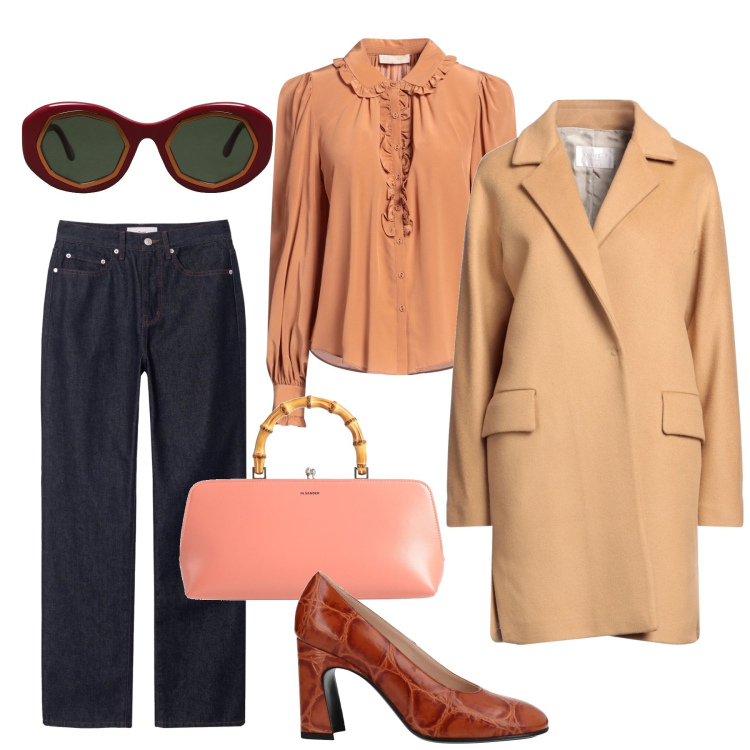 Outfit donna - Apricot. Stile Romantica per Ufficio. Abbinamento con décolleté, cappotti, borse a mano, occhiali da sole, camicie, jeans dritti.