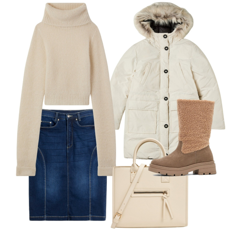 Outfit donna - Ecrù e denim. Stile Casual per Scuola/Università. Abbinamento con gonne, stivali, maglieria, parka, shopping bag.