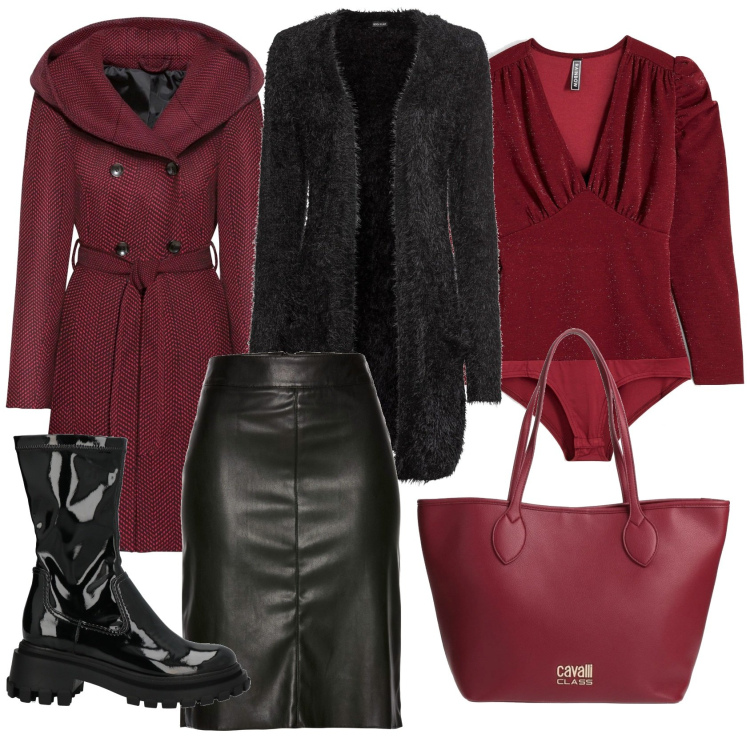 Outfit donna - Rosso e nero. Stile Minimal per Tutti i giorni. Abbinamento con cappotti, cardigans, gonne longuette, body, borse a spalla, stivaletti.